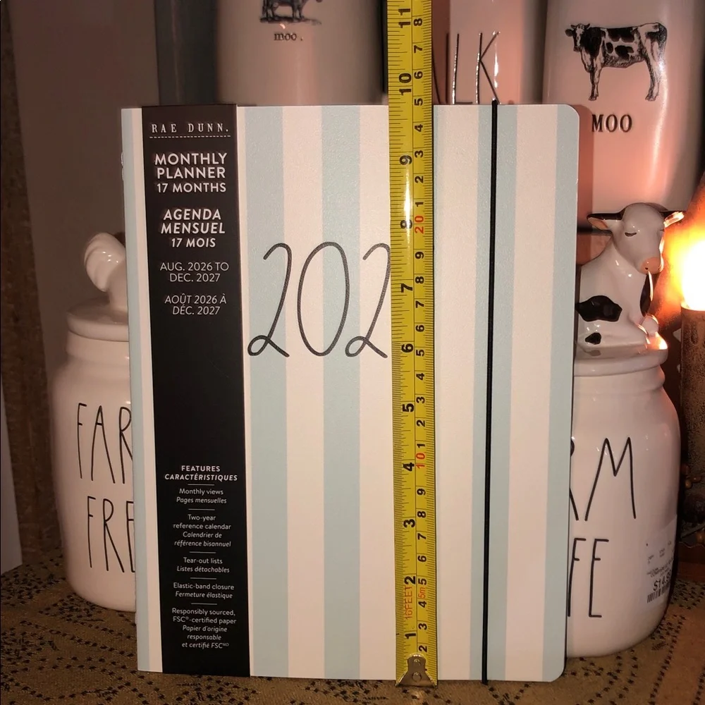Rae Dunn 2027. 17 Month Planner with Blue/Green Stripes Design